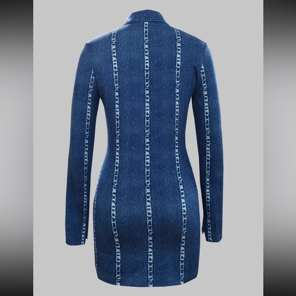 Form Fitting Bodycon Jean Look-a-Like Long Sleeve Polyester Print Dress - Picture 3 of 8